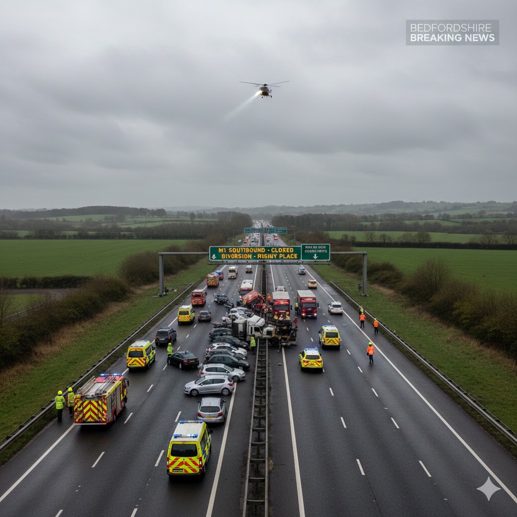 multi-vehicle collision closes section of m1 southbound in bedfordshire